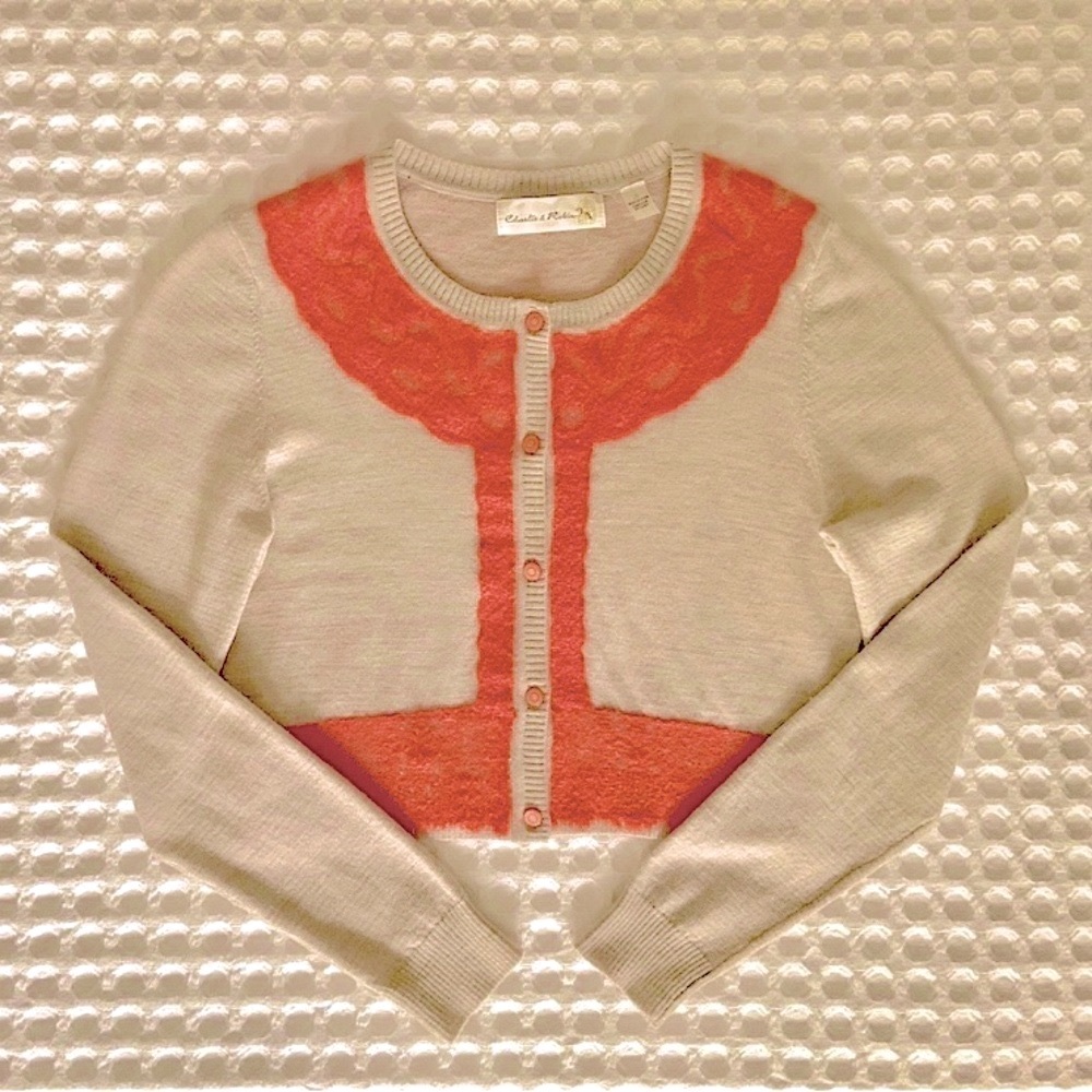 Anthropologie Tan Grey w Orange Lace & Button Front Cardigan Sweater S